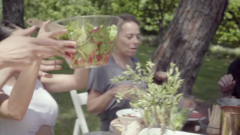 young people eating healthy dishes in backyard