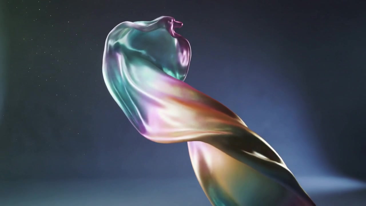 Emerging metallic ribbon rising and twisting on set after impulse, reflecting soft light and dust