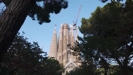 establishing upward tilt of la sagrada familia in barcelona with its intricate modernist design by gaudí, viewed below from park