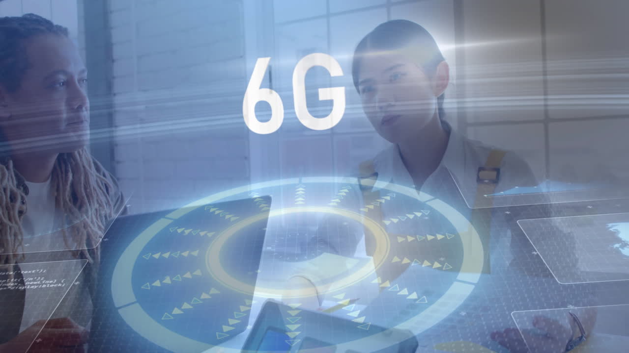 In modern office, diverse professionals collaborating on 6G technology and animation