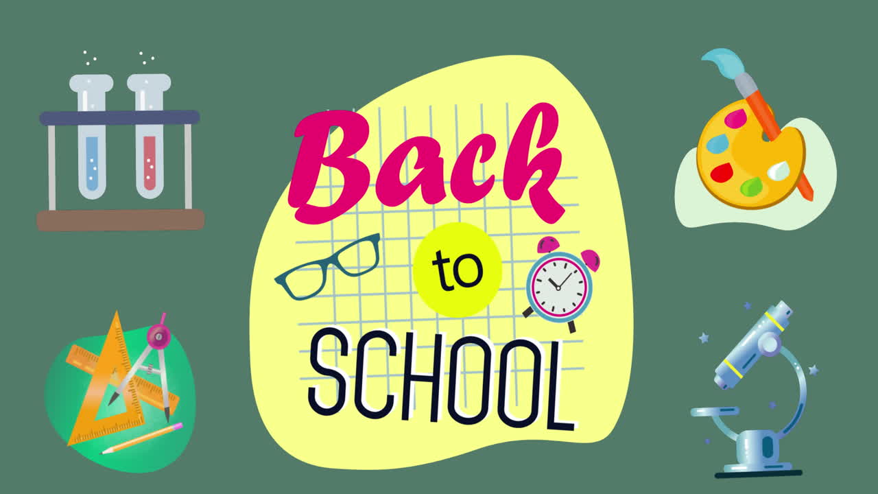 초록색 배경에 학교로 돌아가는 텍스트와 학교 아이콘의 애니메이션