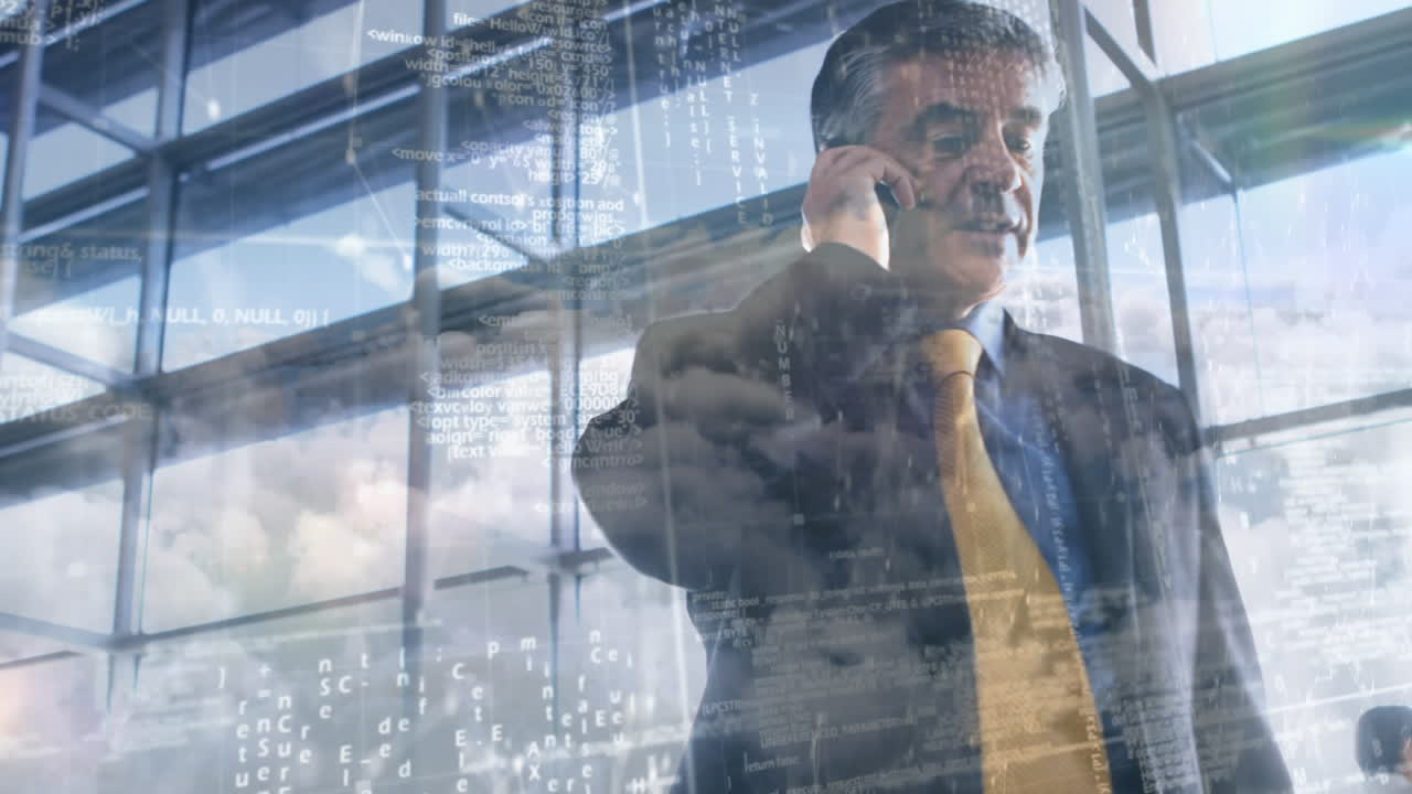 Animação de empresário falando ao smartphone no aeroporto e processamento de dados