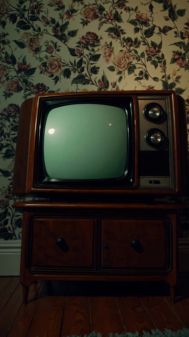 Televisore vintage in una stanza con carta da parati floreale.