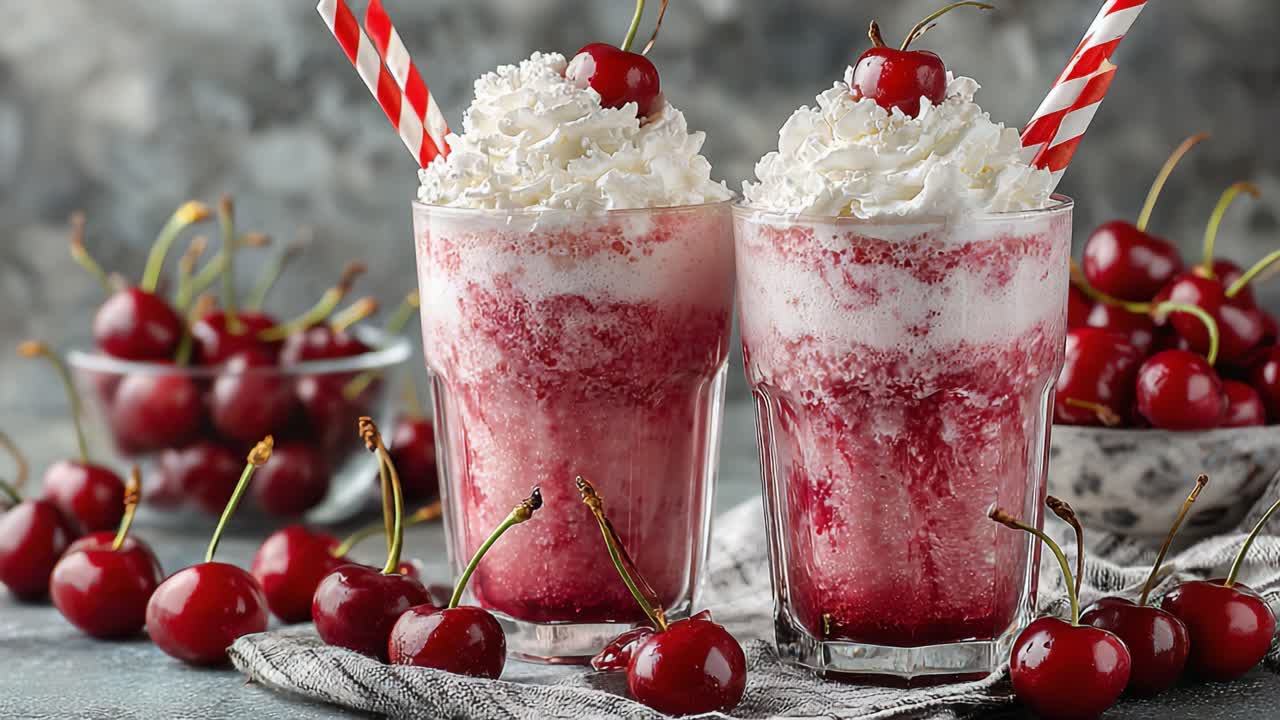 Deliziosi milkshake alle ciliegie: una delizia gustosa con panna montata e ciliegie dolci, perfetti per rinfrescarsi e godersi l'estate.