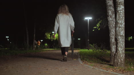 back view of young girl holding umbrella walking along calm park path at night illuminated by soft streetlights, with two blurred figures walking in distant background among trees