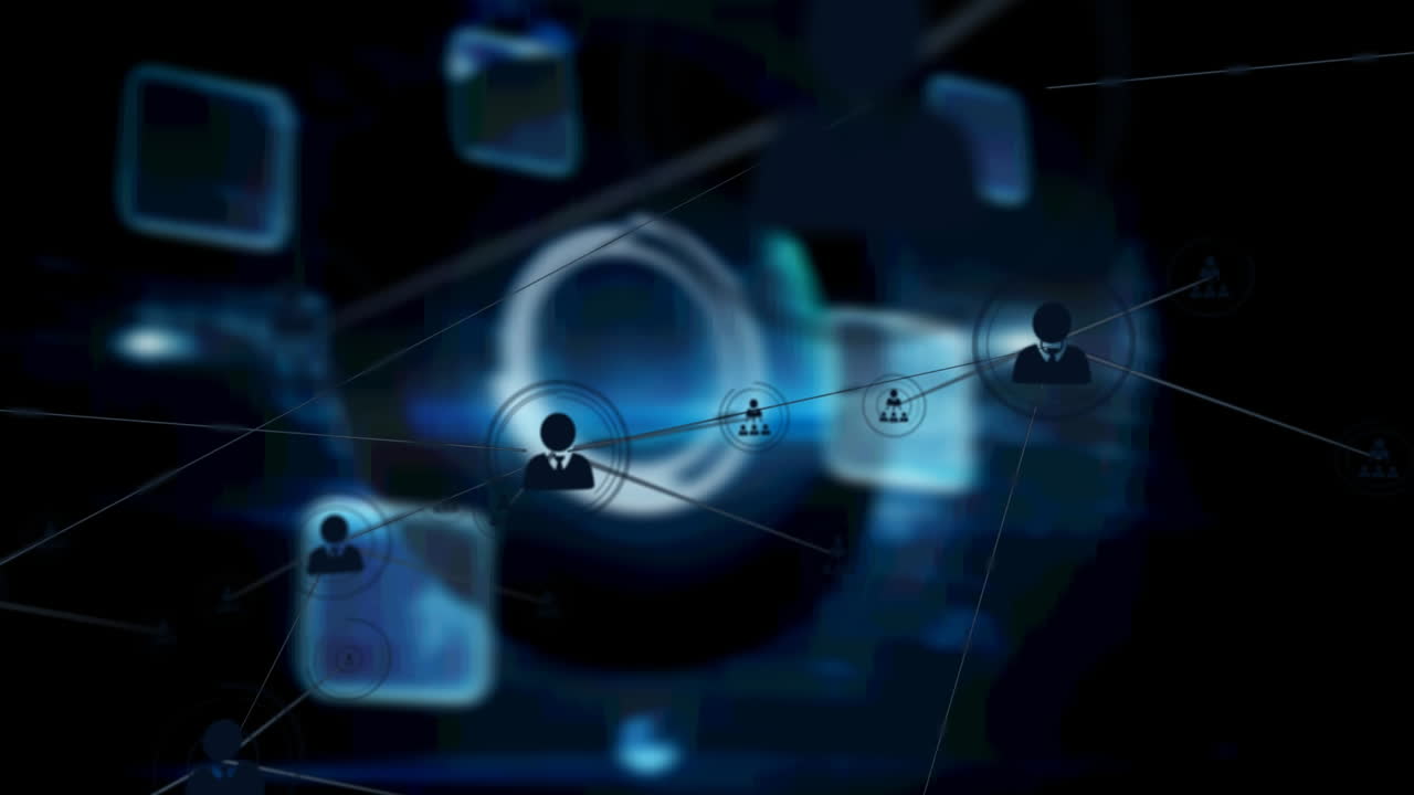 animación de redes de conexiones con iconos sobre pantallas azules