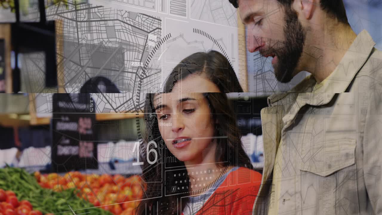 Woman holding yellow pepper checking phone, causing HUD animating numbers guiding grocery choice