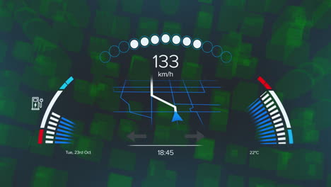 animation of data processing and speedometer and black background