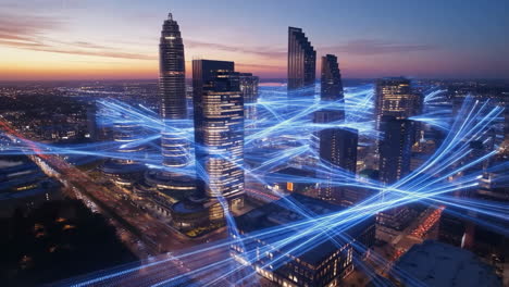 futuristic cityscape with digital connectivity and data flow