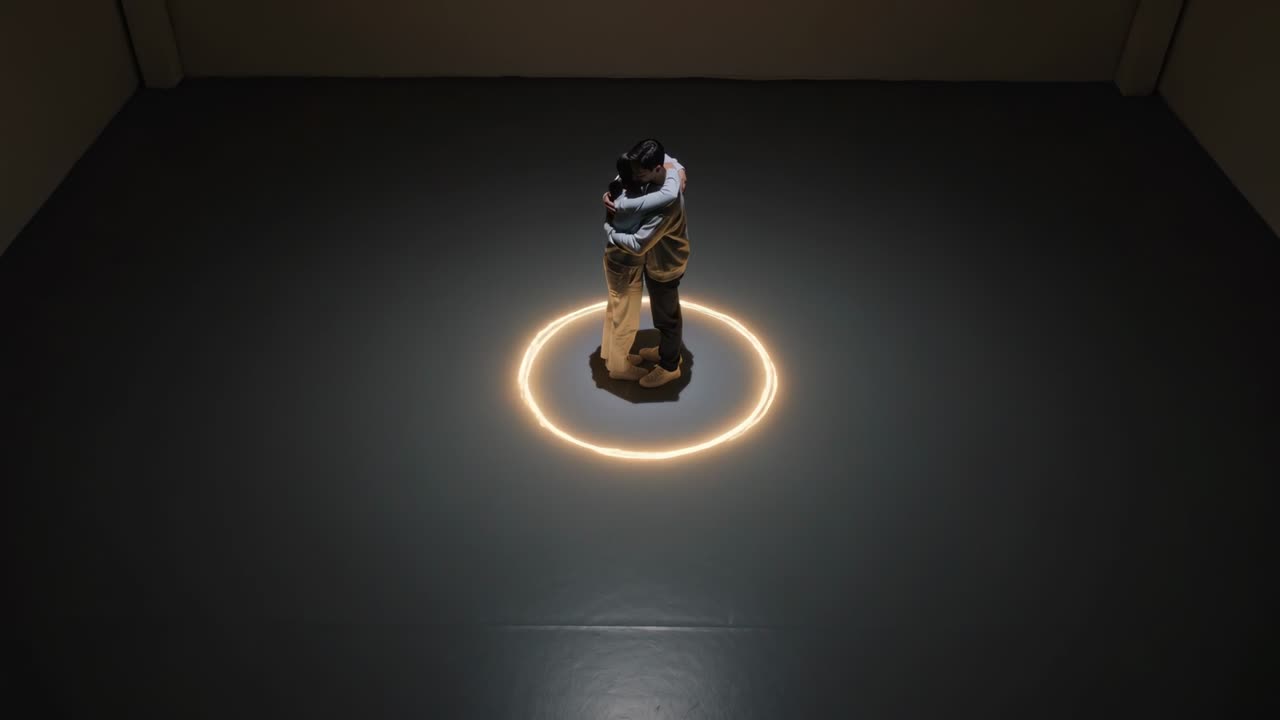 Omfavnende par trøster hinanden iført frakker på en lav sokkel i et gallerispotlys, der danner en glødende ring.