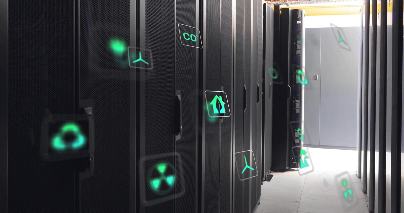 Animation of eco icons and data processing over computer servers