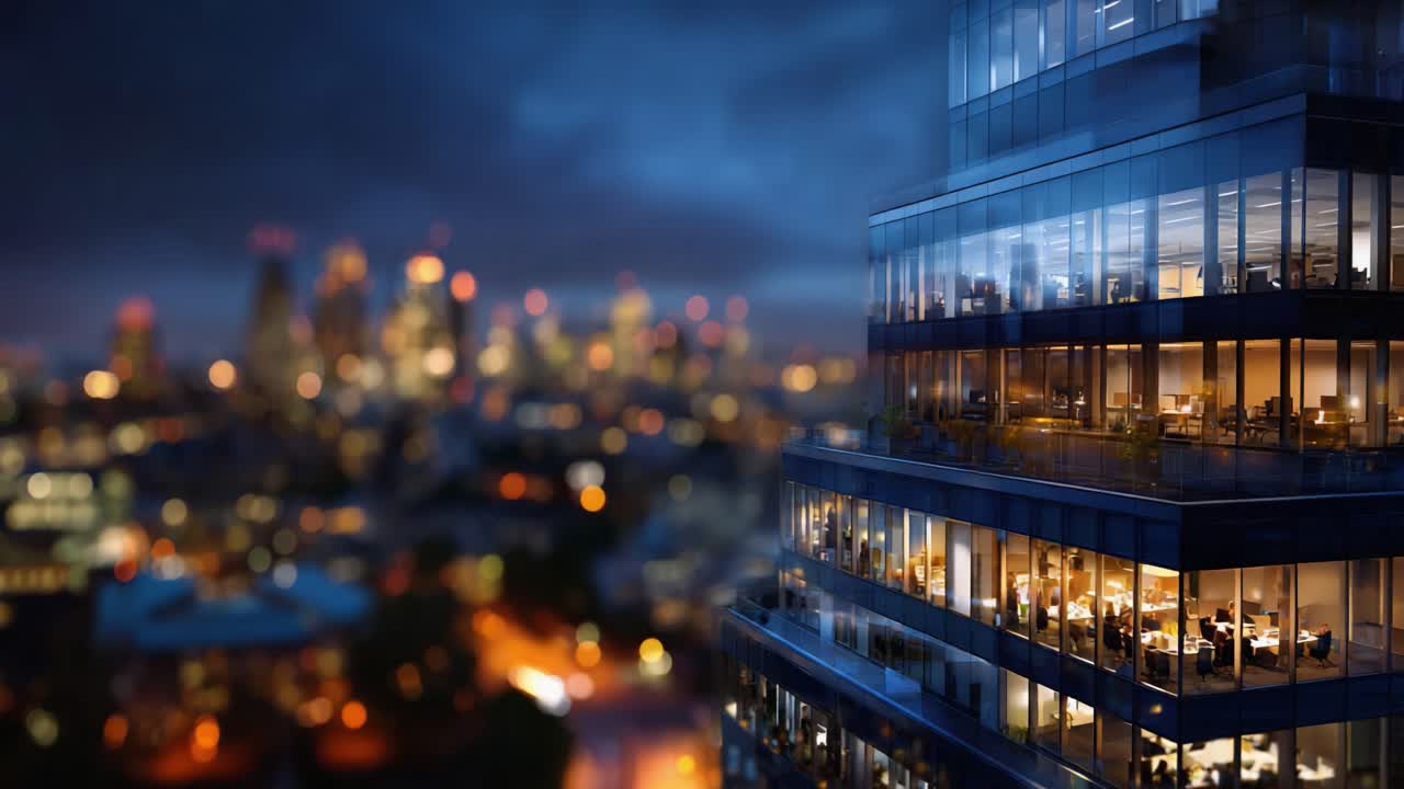 Vista notturna di moderni grattacieli con uffici illuminati che risplendono nel paesaggio urbano e luci urbane nelle vicinanze, in un ambiente dinamico e cittadino