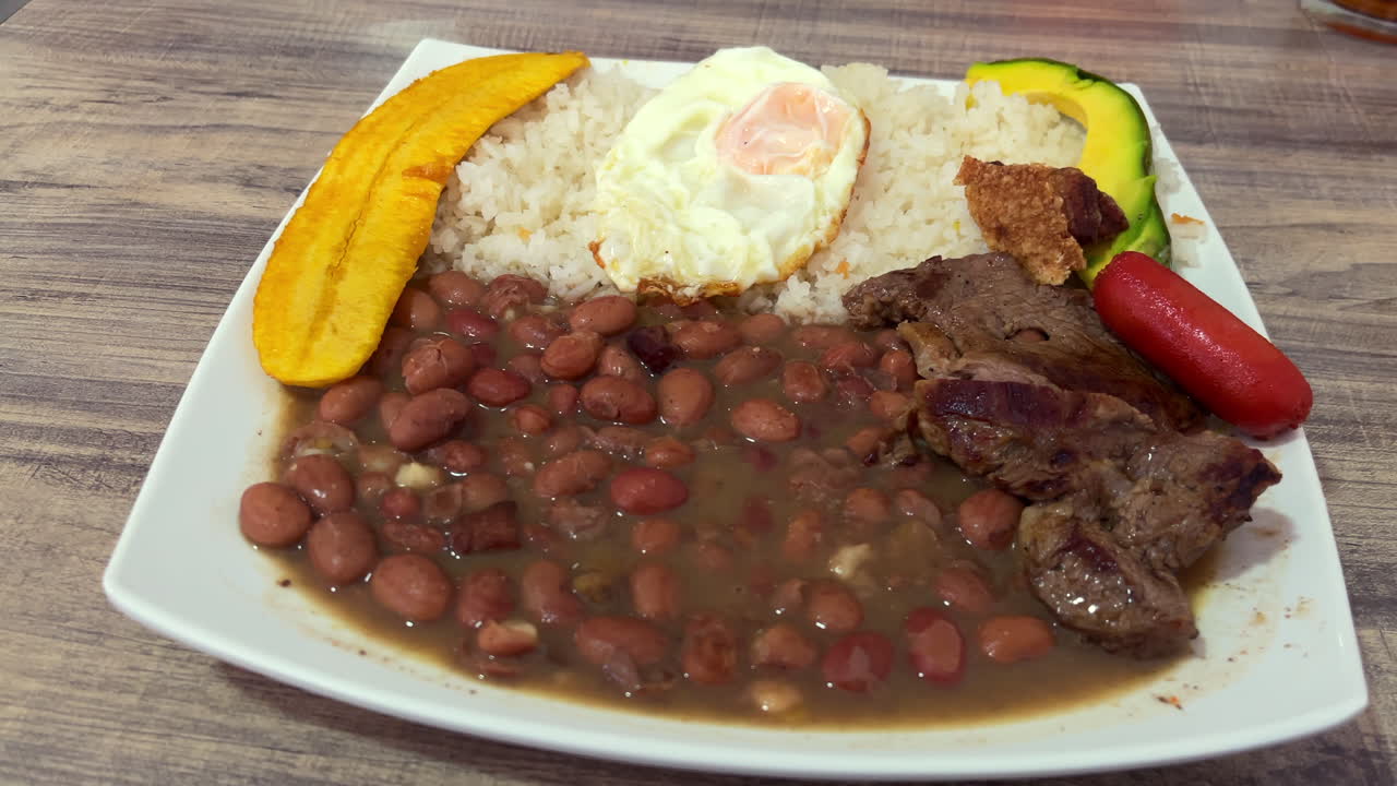 Classic Medellin plate with beans rice meat egg and plantain