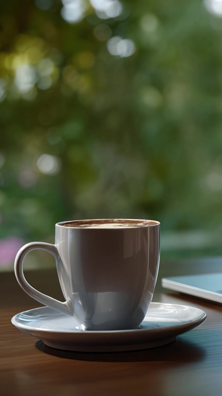 Un ambiente sereno con una tazza di caffè fumante su un tavolo di legno, circondato da vegetazione sfocata, che crea un'atmosfera tranquilla perfetta per il relax.
