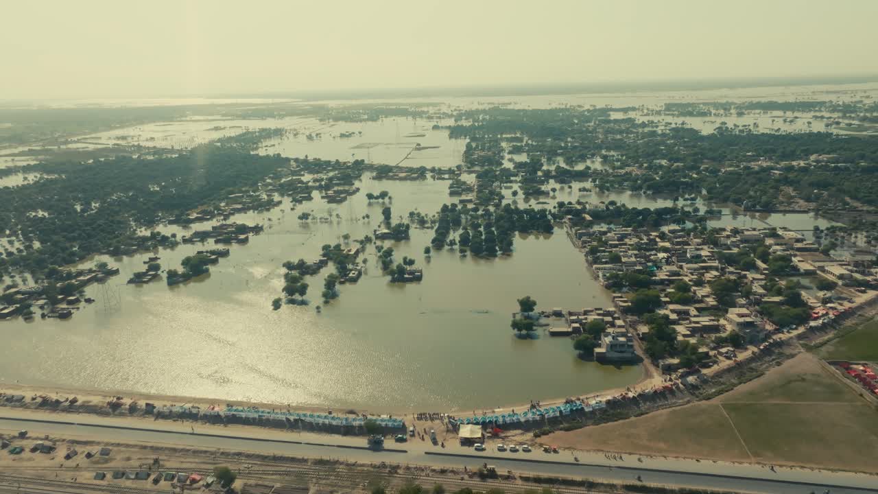 High altitude drone gliding forward over Jalalpur Pirwala, revealing vast flooded vegetation and submerged trees under the bright afternoon sun
