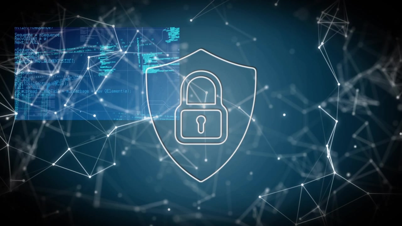 Animation of data processing and padlock over black background