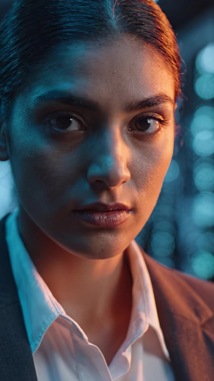 Intense Close-Up of a Thoughtful Professional Woman in Formal Attire, Capturing a Range of Emotions with Dramatic Lighting and a Soft Focus Background
