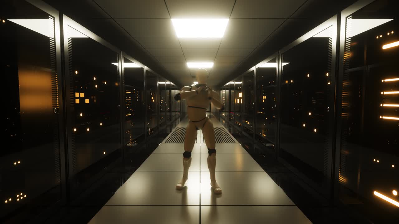 Dancing robot in the server room. Data servers behind glass panels in the server room of the data center. Seamless loop 3d render