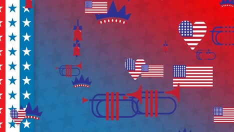 Animation-of-icons-coloured-in-american-flag-over-stars-and-stripes-background