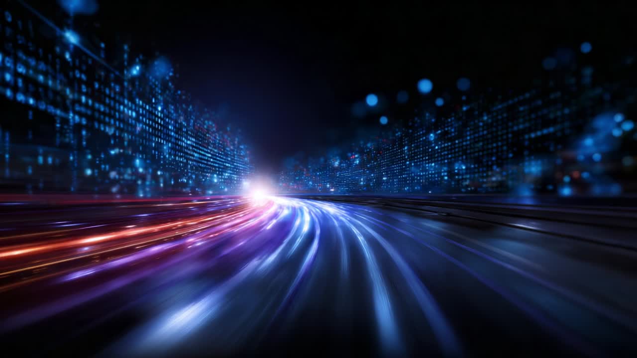 Dynamic Motion Capture of Vibrant Light Trails in a Futuristic Urban Setting, Showcasing Rapid Movement and Energy with a High-Tech Digital Aesthetic, Perfect for Representing Speed and Innovation