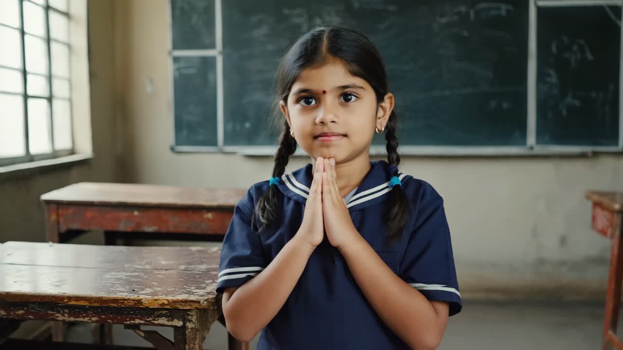 Portrait of a young indian student girl praying in her classroom with hands joined together, wearing a blue school uniform, with a blackboard in the background