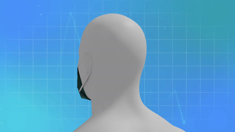 animation of cardiograph and man with face mask on blue background