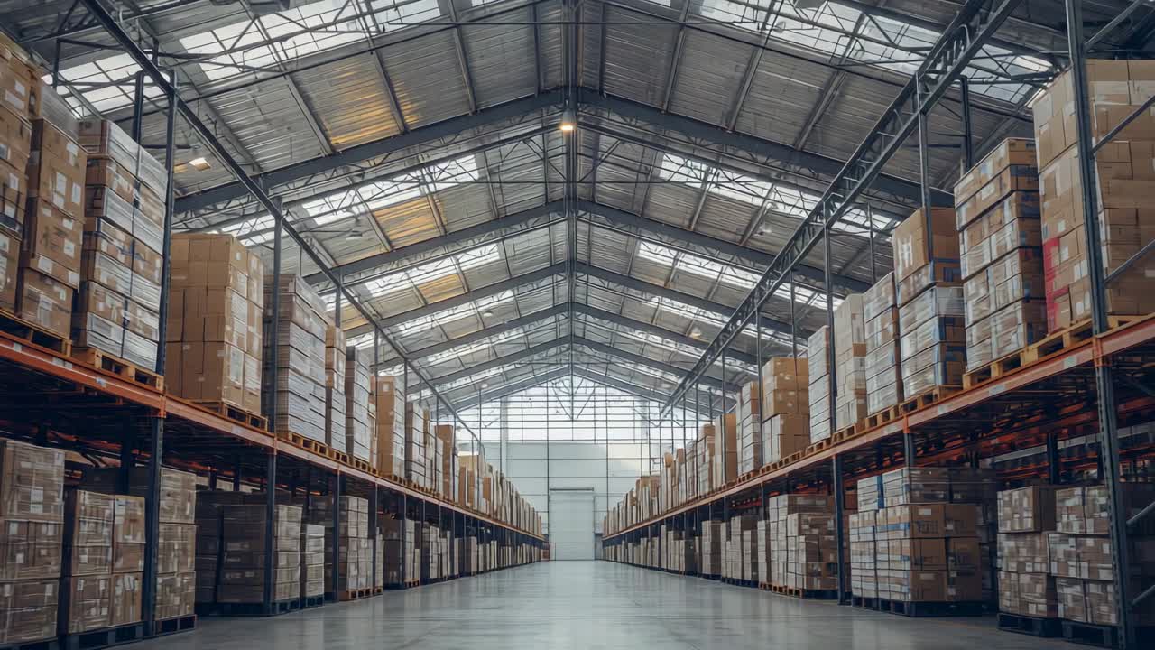 Camera capturing symmetrical aisle view at warehouse to showcase order, with shelving units