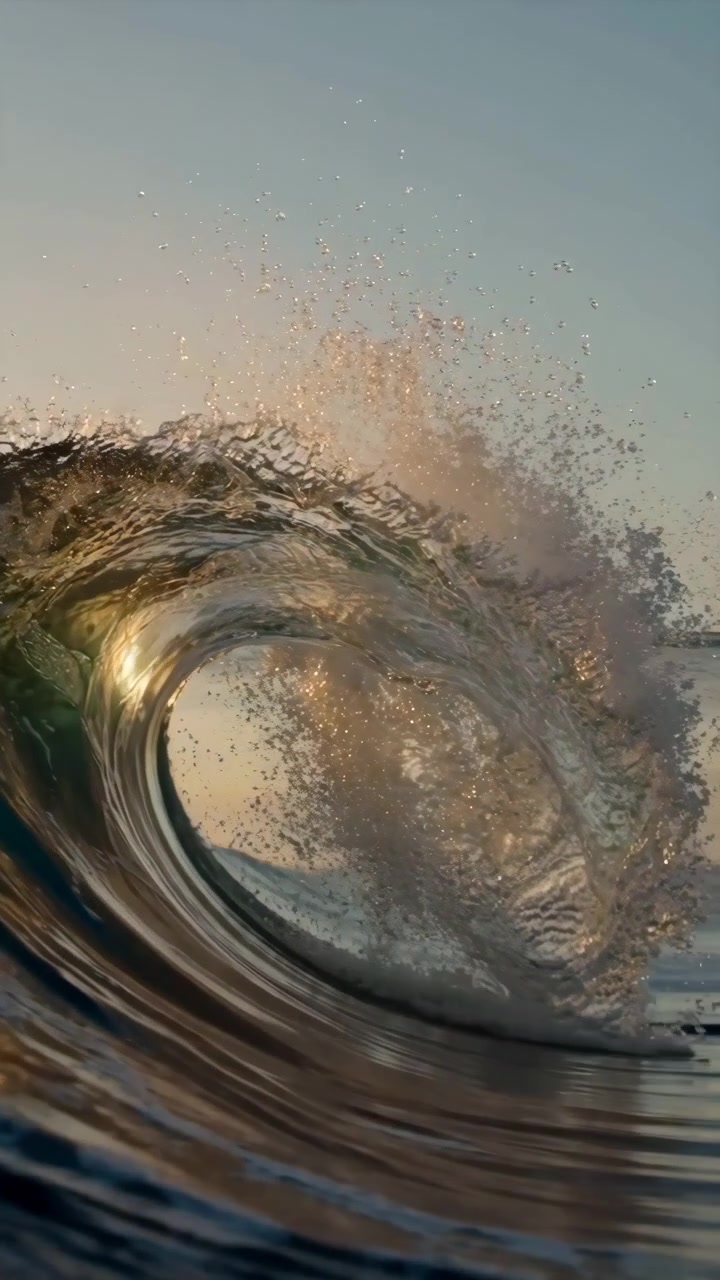 Sequenza verticale in stile time-lapse che mostra l'evoluzione di un'onda oceanica dalla fase iniziale di arricciamento (2%) attraverso il tubo massimo (50%) fino alla rottura violenta e al collasso (98%)