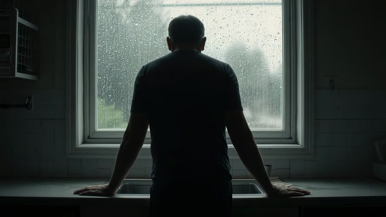 Stående man i mörk T-shirt betraktar regnet vid diskbänken, händerna stödjer sig mot bänkskivan nära kranen