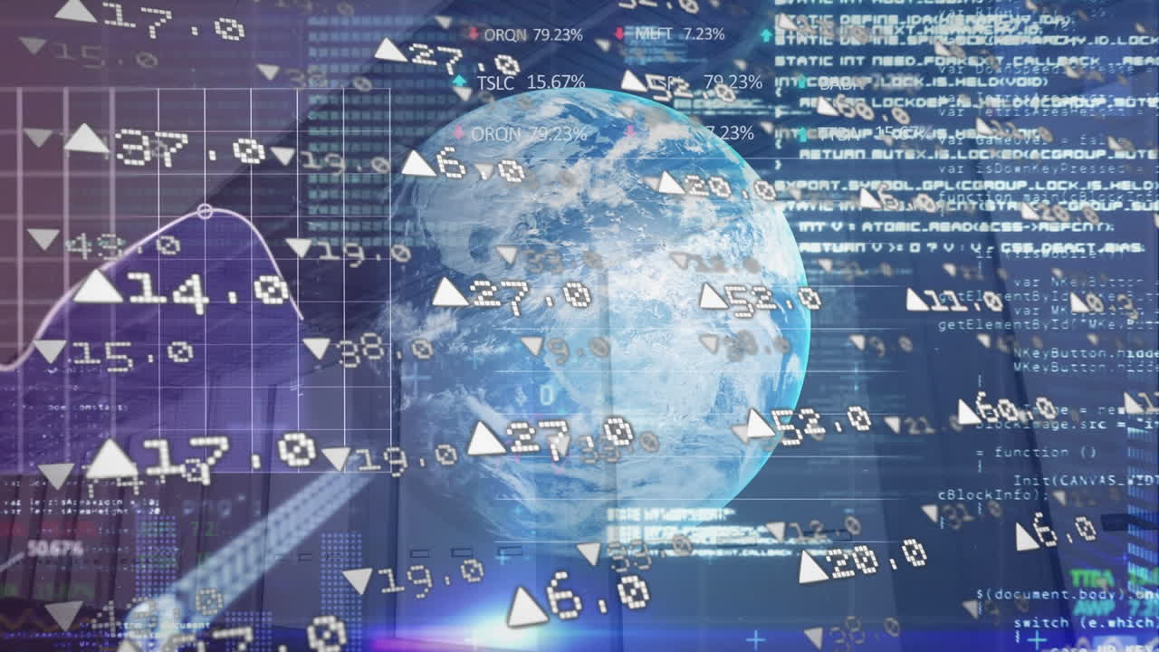 컴퓨터 서버 위에서 회전하는 지구로 금융 데이터 처리의 애니메이션