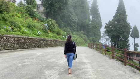 rear view of happy young indian girl walking through mountain roads enjoying her vacation or outing at hill top in tourist destination for trekking