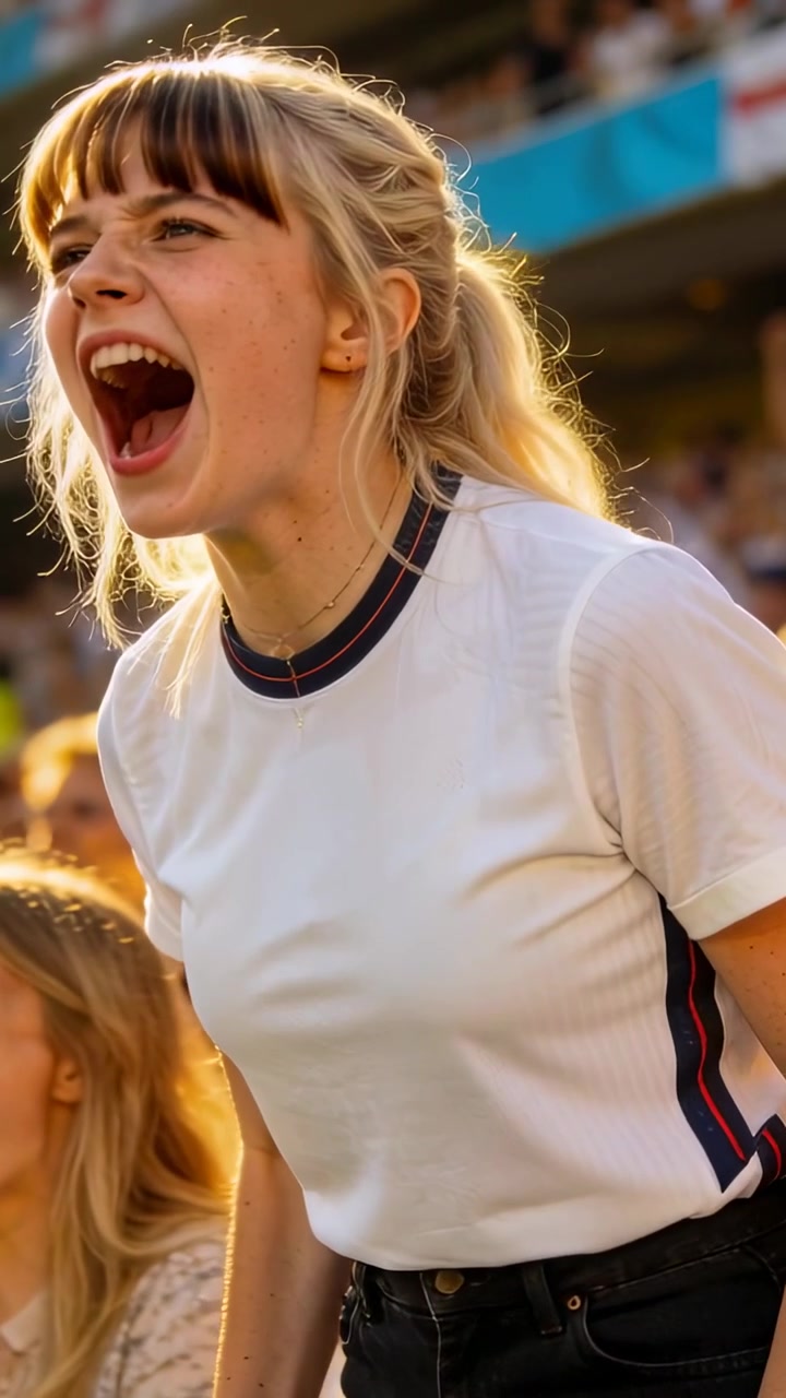 Video verticale: Reagendo a una grande giocata, tifosa con maglietta bianca che si sporge in avanti, urlando nello stadio