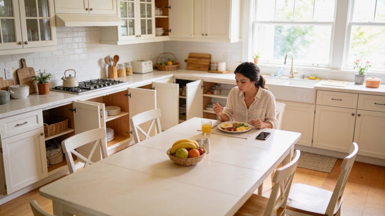 Eating after breakfast set, woman in light blouse taking bites at kitchen table, phone, copy space