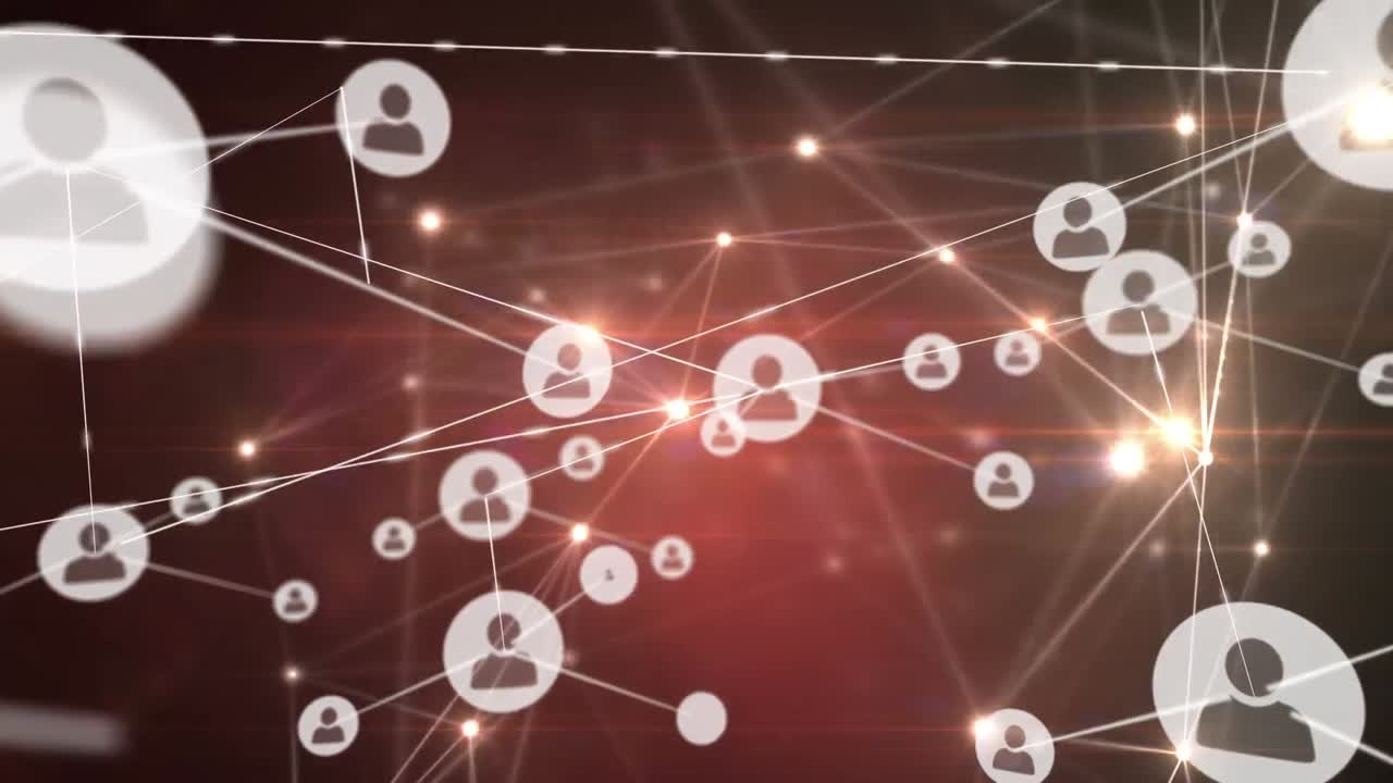 animación de la red de conexiones con iconos sobre rastros de luz sobre fondo negro