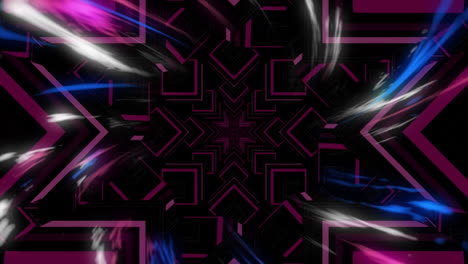 animation of glowing white, pink and blue lights over kaleidoscopic pink shapes, moving on black