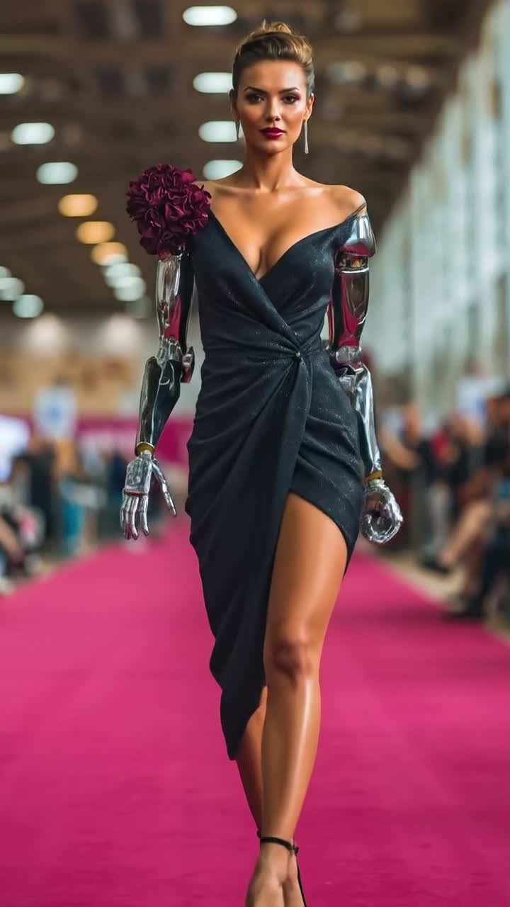Donna elegante in abito da sera nero con braccio robotico che cammina sul tappeto rosso