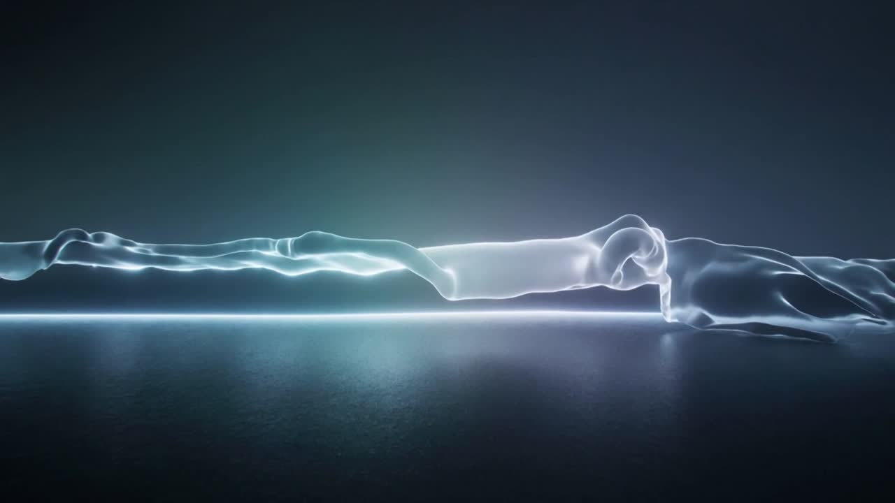 Light pulsing, sheer ribbon rising, folding, sliding across glossy studio floor, cool backlight