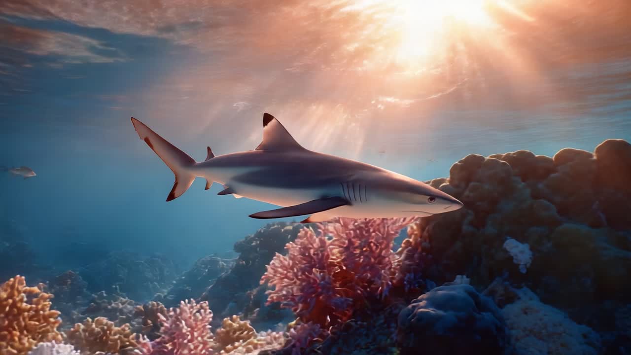 A Majestic Shark Glides Through Vibrant Coral Reefs Underneath a Glimmering Dawn, Showcasing the Beauty of Marine Life in a Colorful Underwater Landscape