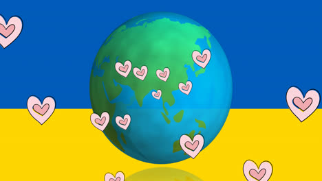 animation of hearts and globe over flag of ukraine