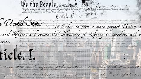 animation of american constitution text over cityscape