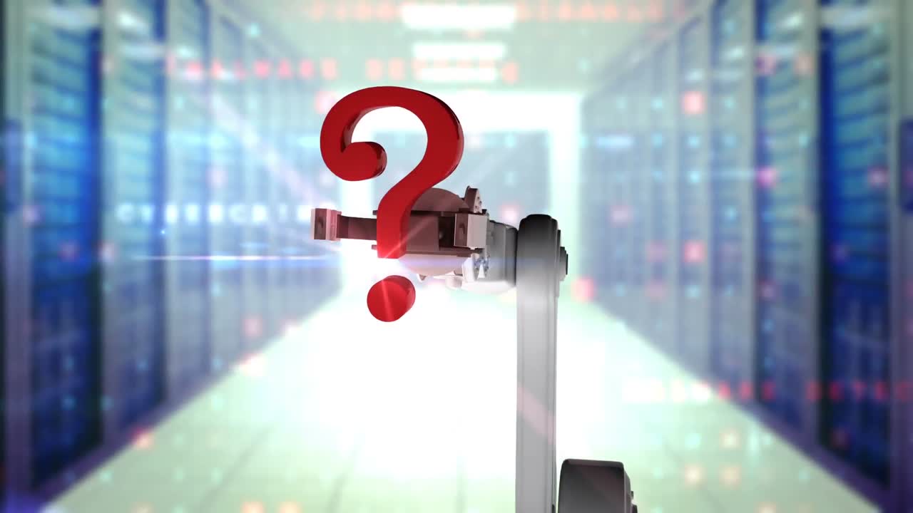 video generado digitalmente de un brazo robótico blanco sosteniendo un signo de interrogación rojo 3d