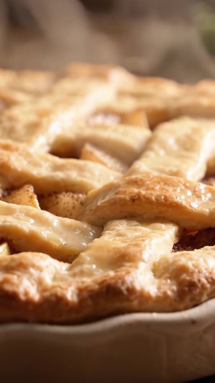 Una deliziosa torta di mele con crosta dorata, fumante appena sfornata, che evidenzia il ripieno caldo e appetitoso che invita a concedersi.