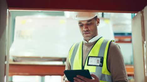 engineering, tablet and man in a warehouse