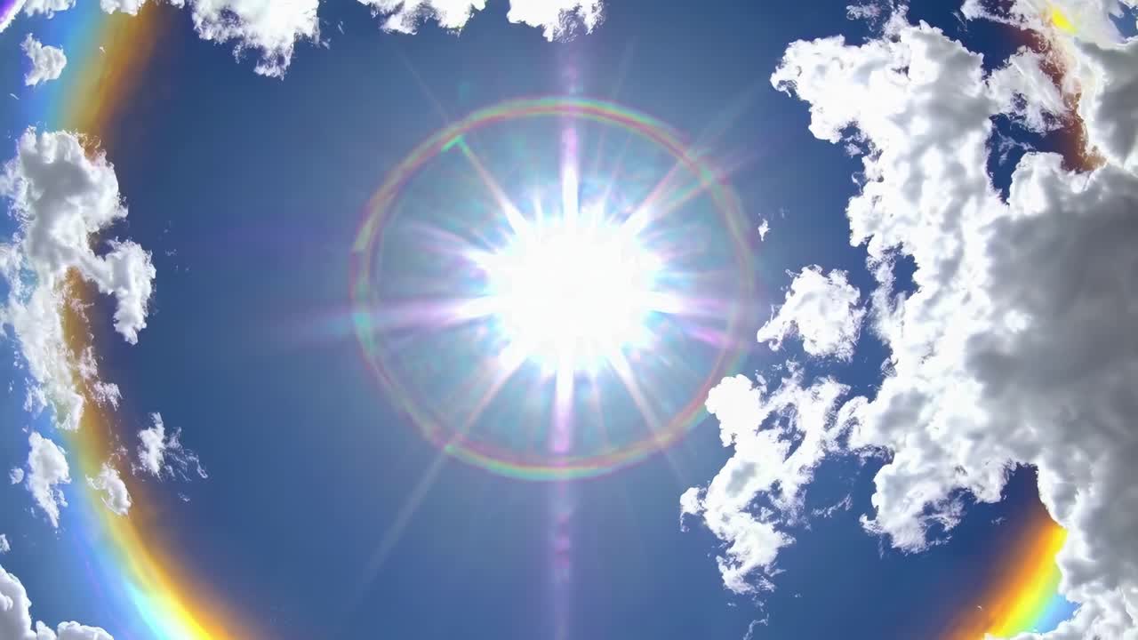A fisheye lens captures a vibrant sun surrounded by clouds, creating a dynamic, immersive video