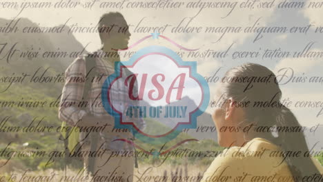 animation of independence day text over smiling diverse couple hiking