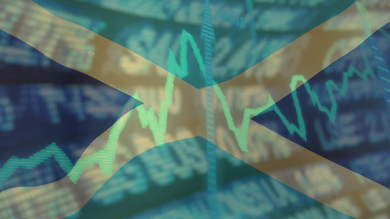 Animation of fluctuating stock market graph over Scottish flag in school setting