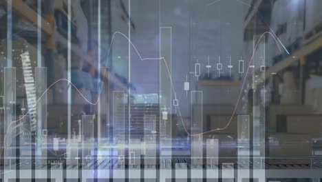 animation of statistics processing over cardboard boxes on conveyor belts in background