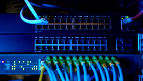 network server panel with switch and patch cord cables in data room. digital computer for technology background.