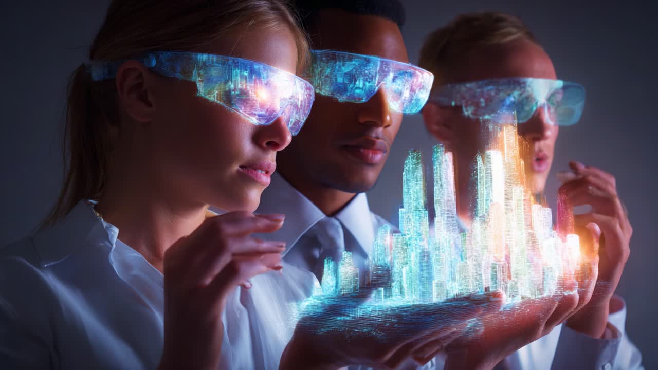 Innovative Individuals Harnessing Augmented Reality Technology with Visual Glasses, Engaging with a Glowing Digital Cityscape in Their Hands, Capturing the Future of Interactive Experiences