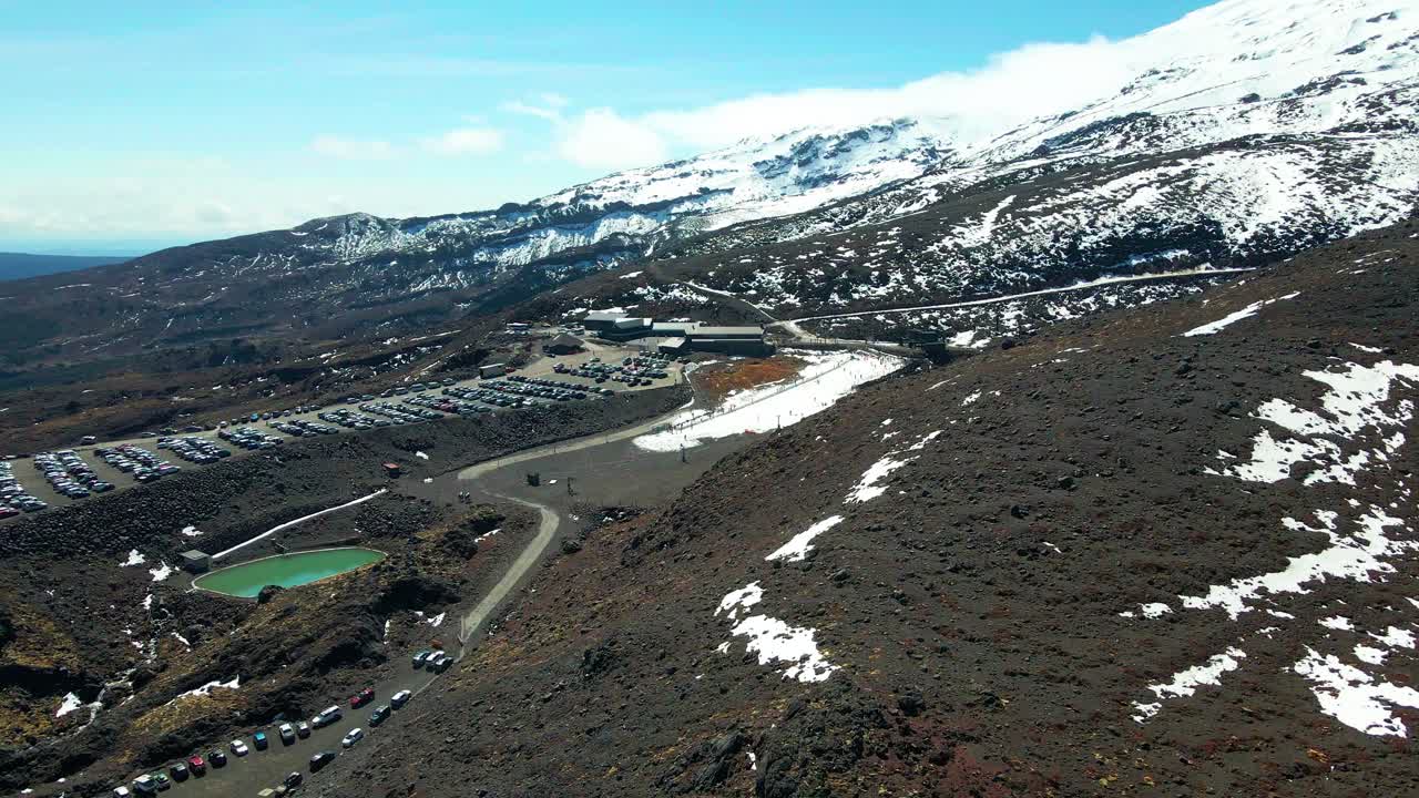 Aerial View of a Snow-capped Mountain with Parking Lot